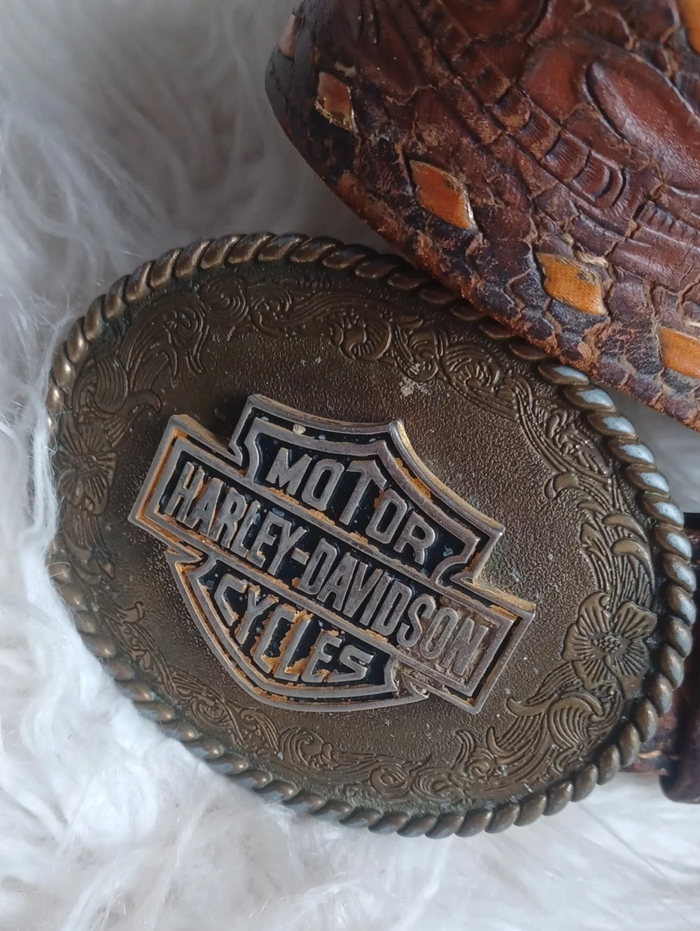 Vintage 1978 Motor Harley Davidson Leather Belt With Amazing Buckle
